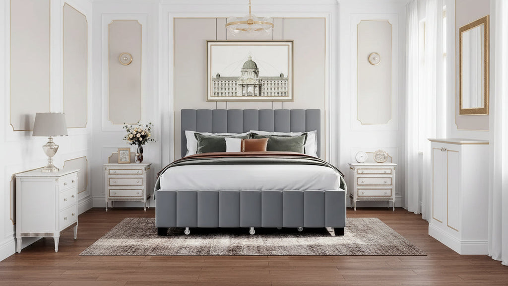 Queen Size Velvet Platform Bed with 1 Twin XL Trundle Upholstered Bed Frame and 2 Drawers Storage Bed No Box Spring Needed