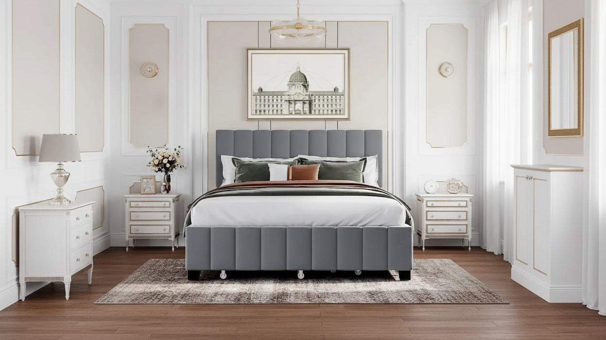 Queen Size Velvet Platform Bed with 1 Twin XL Trundle Upholstered Bed Frame and 2 Drawers Storage Bed No Box Spring Needed