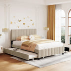 Lit Plateforme Queen Size en Velours avec 1 Lit Gigogne Twin XL, Cadre de Lit Rembourré et 2 Tiroirs de Rangement, Aucun Sommier Tapissier Requis