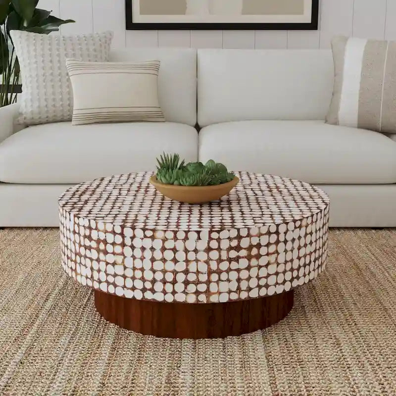 Table basse piédestal ronde en coquille de noix de coco