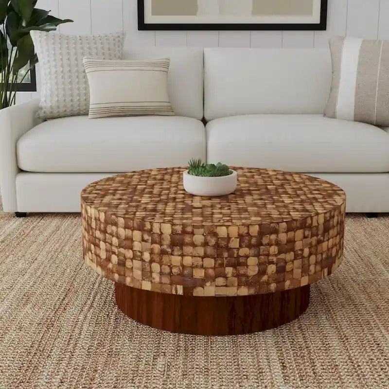 Table basse piédestal ronde en coquille de noix de coco