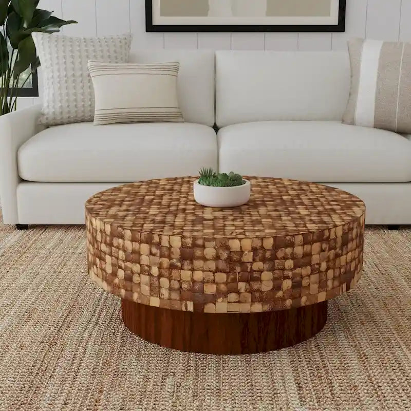 Table basse piédestal ronde en coquille de noix de coco
