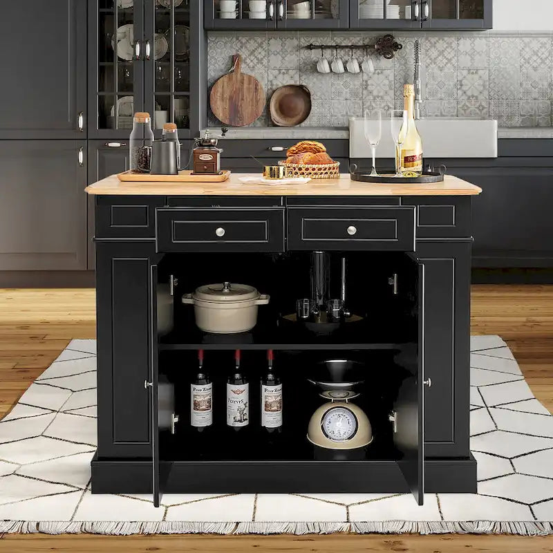 Grand îlot de cuisine avec bar de petit-déjeuner pliant, plateau en bois et étagères
