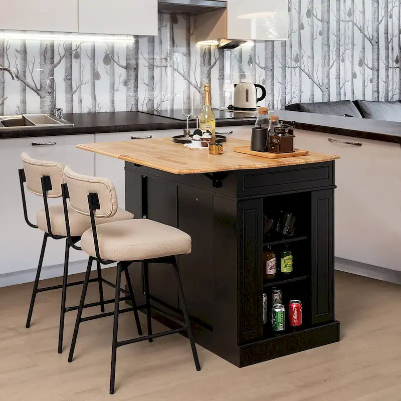 Grand îlot de cuisine avec bar de petit-déjeuner pliant, plateau en bois et étagères