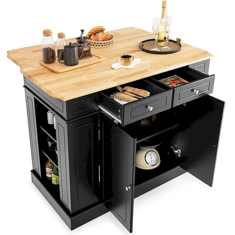 Grand îlot de cuisine avec bar de petit-déjeuner pliant, plateau en bois et étagères