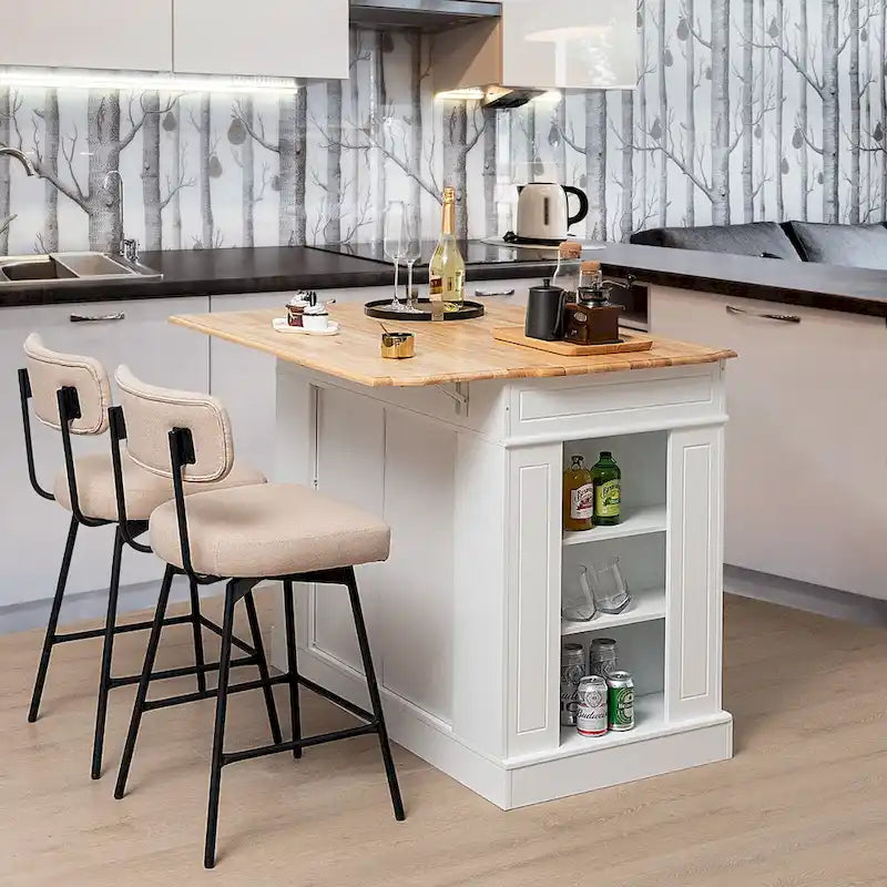 Grand îlot de cuisine avec bar de petit-déjeuner pliant, plateau en bois et étagères