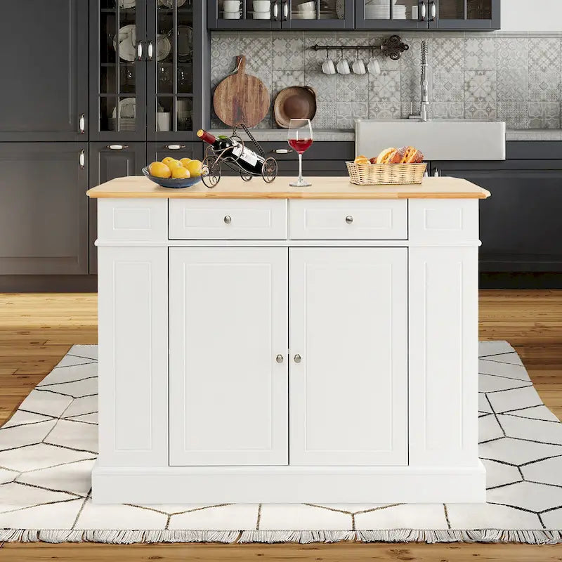 Grand îlot de cuisine avec bar de petit-déjeuner pliant, plateau en bois et étagères