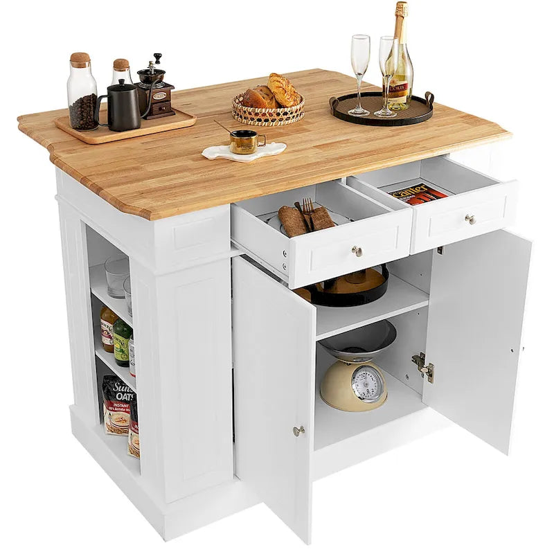 Grand îlot de cuisine avec bar de petit-déjeuner pliant, plateau en bois et étagères