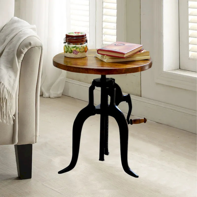 Table d'appoint à hauteur réglable avec plateau en manguier et base en fonte
