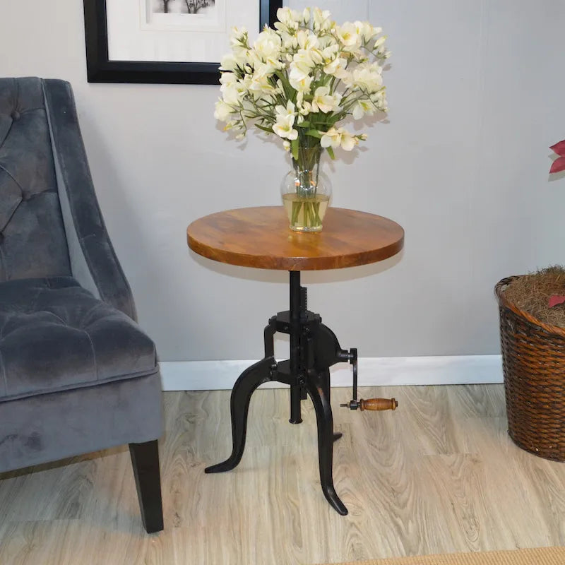 Table d'appoint à hauteur réglable avec plateau en manguier et base en fonte