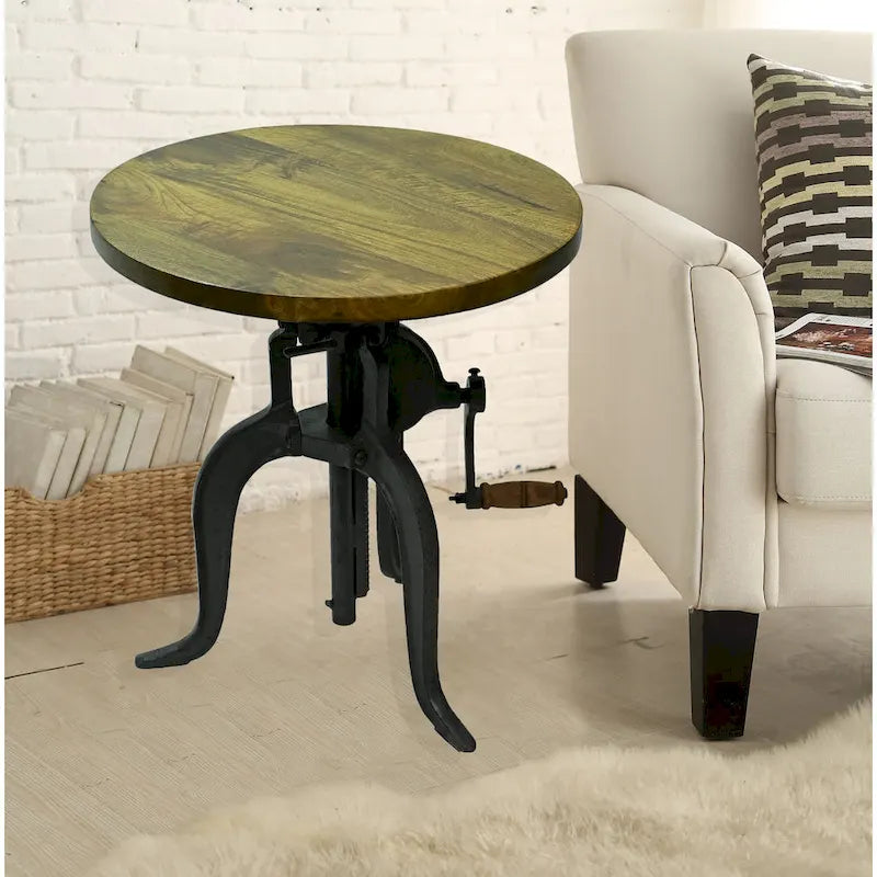Table d'appoint à hauteur réglable avec plateau en manguier et base en fonte