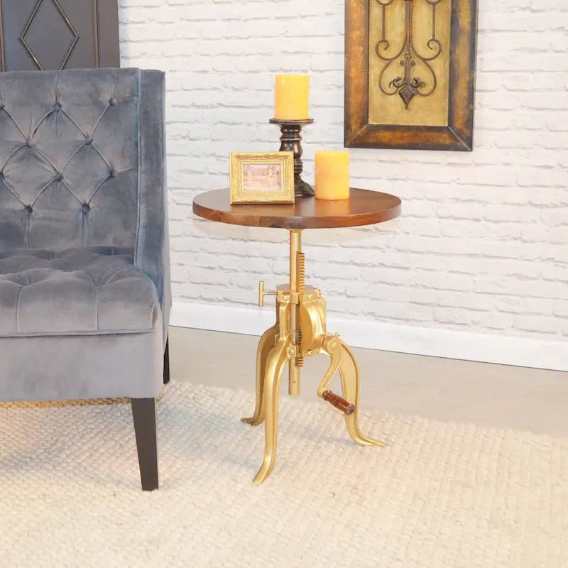 Table d'appoint à hauteur réglable avec plateau en manguier et base en fonte