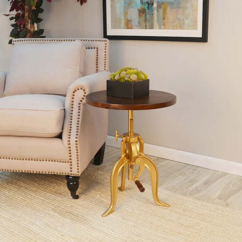 Table d'appoint à hauteur réglable avec plateau en manguier et base en fonte
