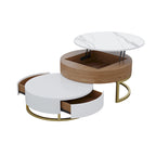 Table basse ronde blanche avec rangement, plateau relevable en bois, avec tiroirs rotatifs blanc naturel