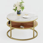 Table basse ronde relevable et extensible avec rangement dissimulé