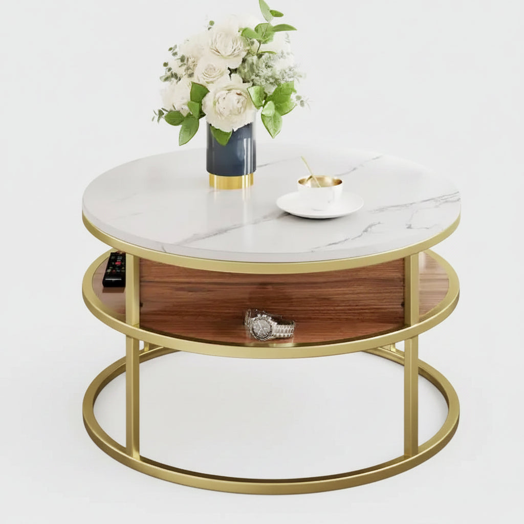 Table basse ronde relevable et extensible avec rangement dissimulé