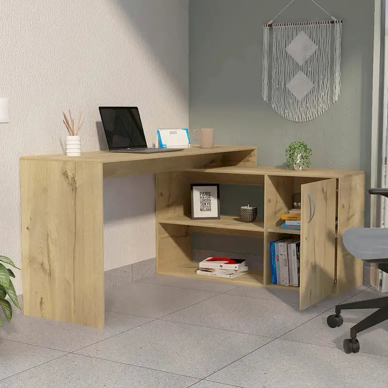 Bureau d'angle avec deux étagères et un placard à une porte