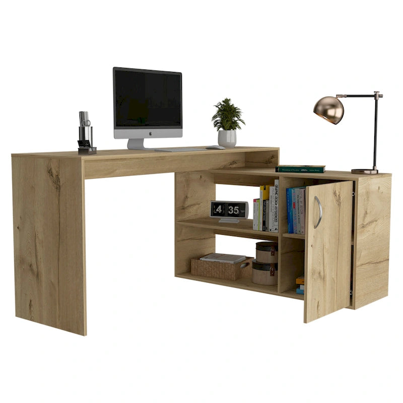 Bureau d'angle avec deux étagères et un placard à une porte
