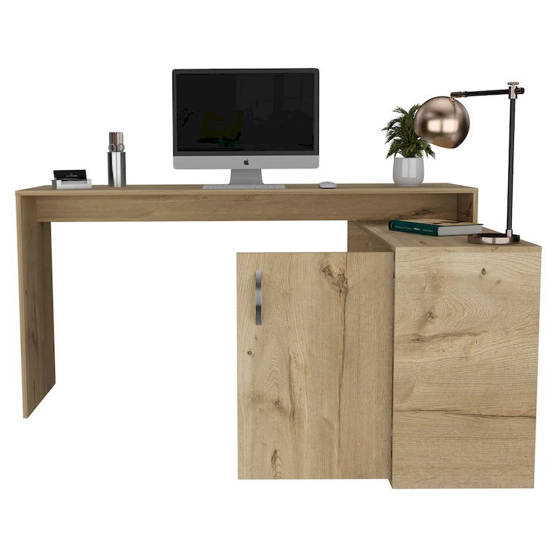 Bureau d'angle avec deux étagères et un placard à une porte