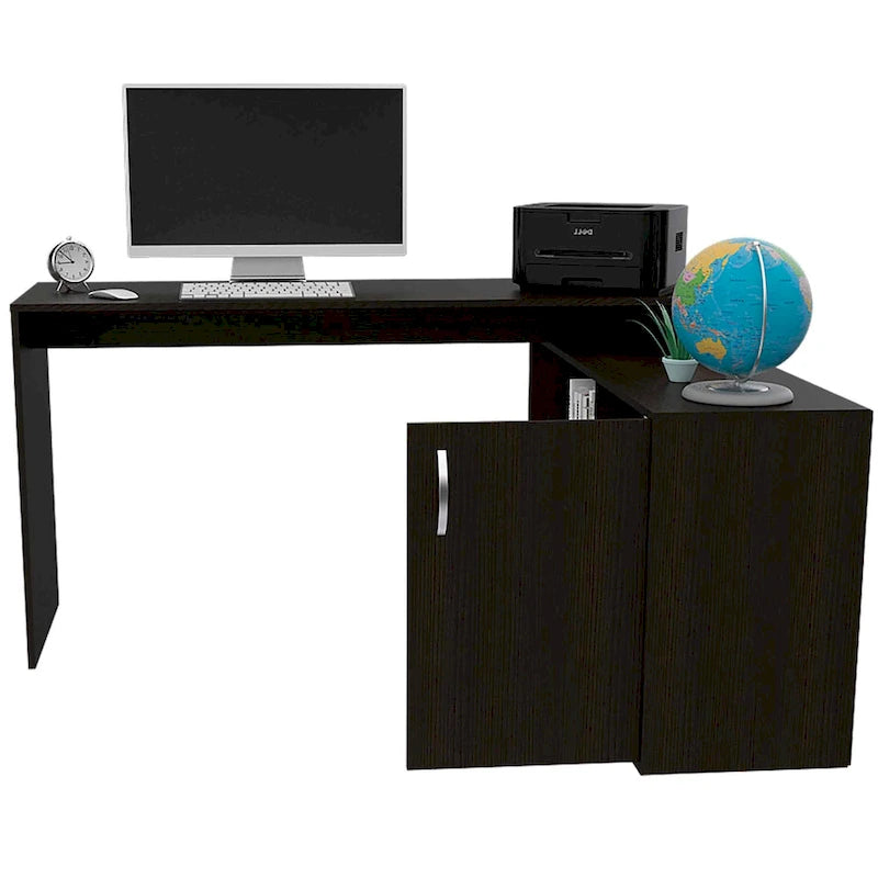 Bureau d'angle avec deux étagères et un placard à une porte