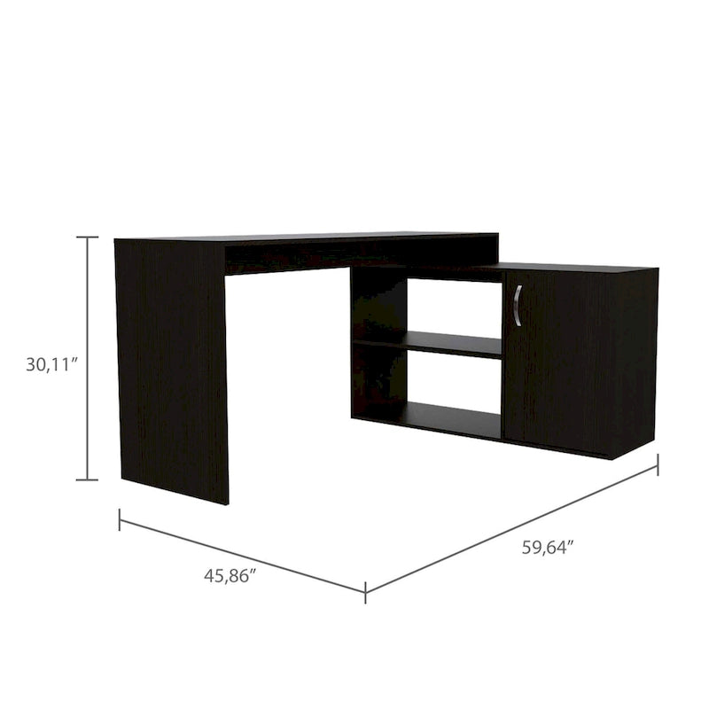 Bureau d'angle avec deux étagères et un placard à une porte