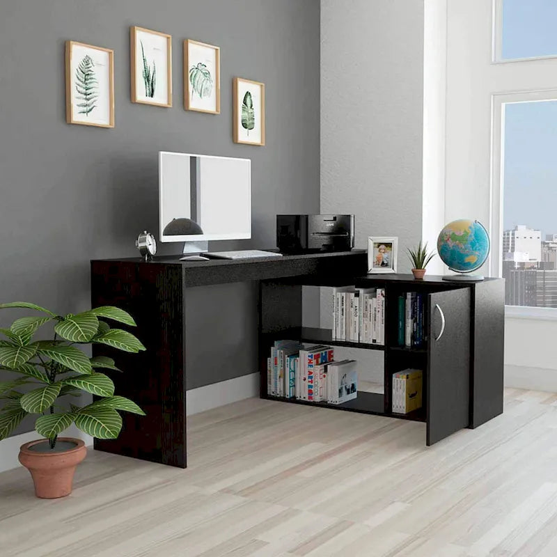 Bureau d'angle avec deux étagères et un placard à une porte