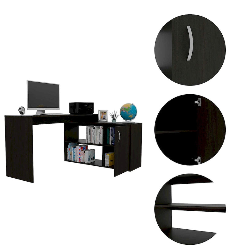 Bureau d'angle avec deux étagères et un placard à une porte