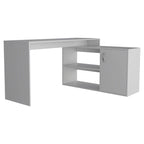 Bureau d'angle avec deux étagères et un placard à une porte