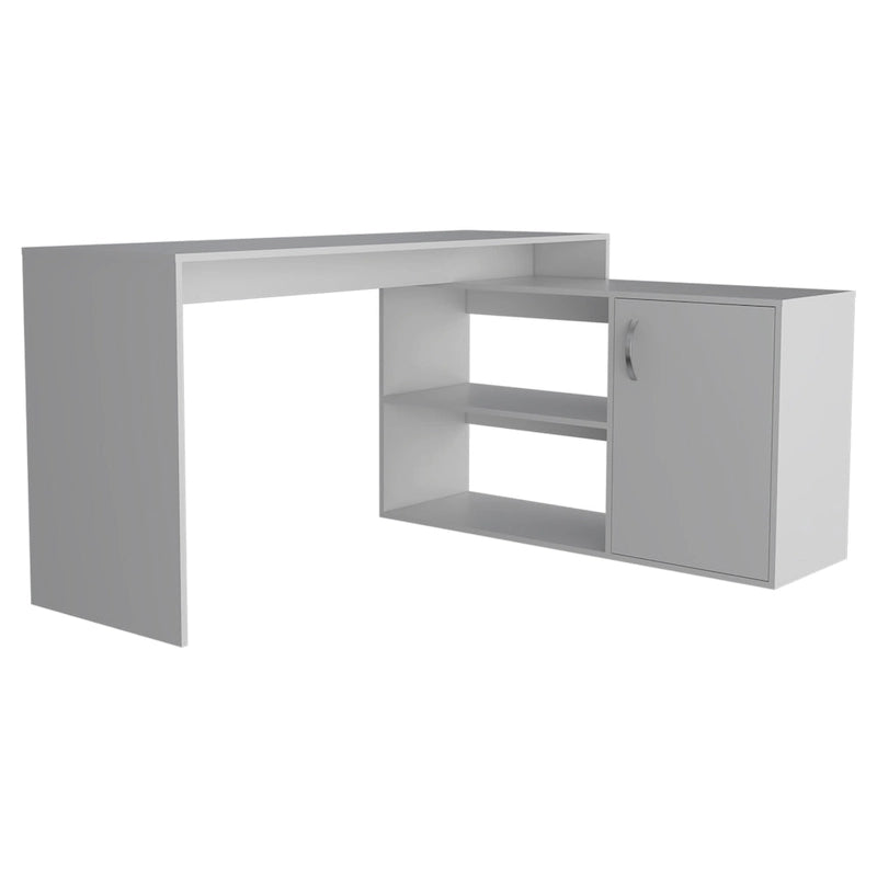 Bureau d'angle avec deux étagères et un placard à une porte