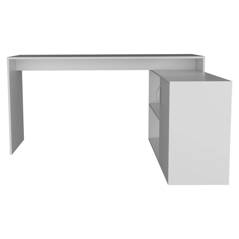 Bureau d'angle avec deux étagères et un placard à une porte
