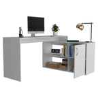 Bureau d'angle avec deux étagères et un placard à une porte