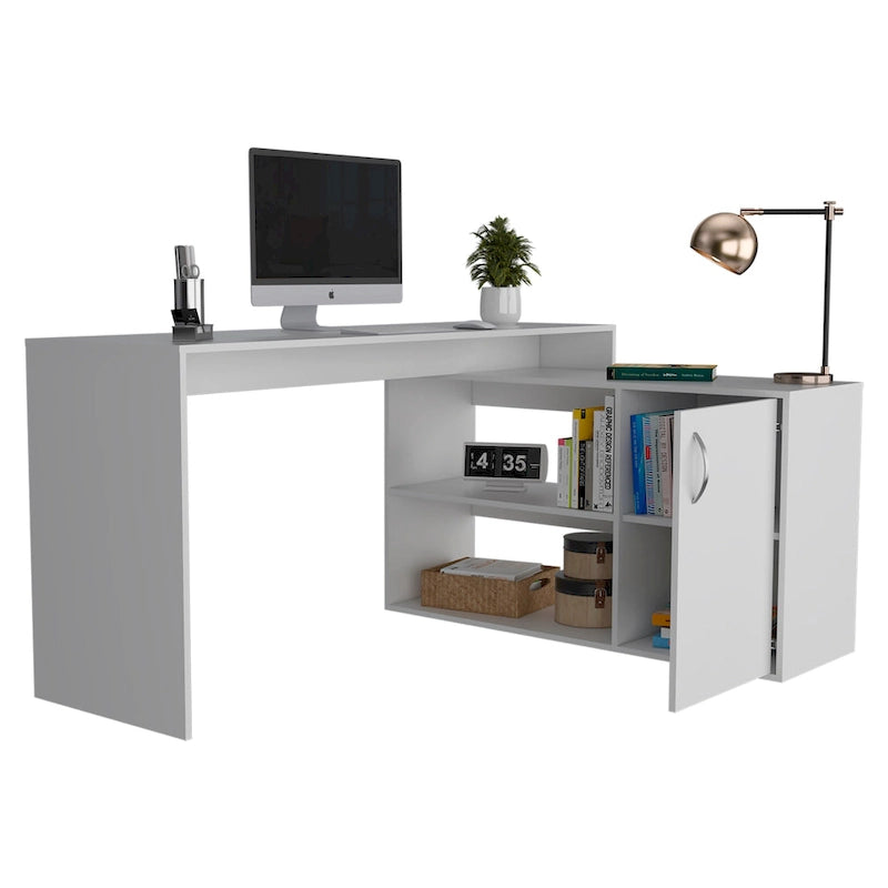 Bureau d'angle avec deux étagères et un placard à une porte