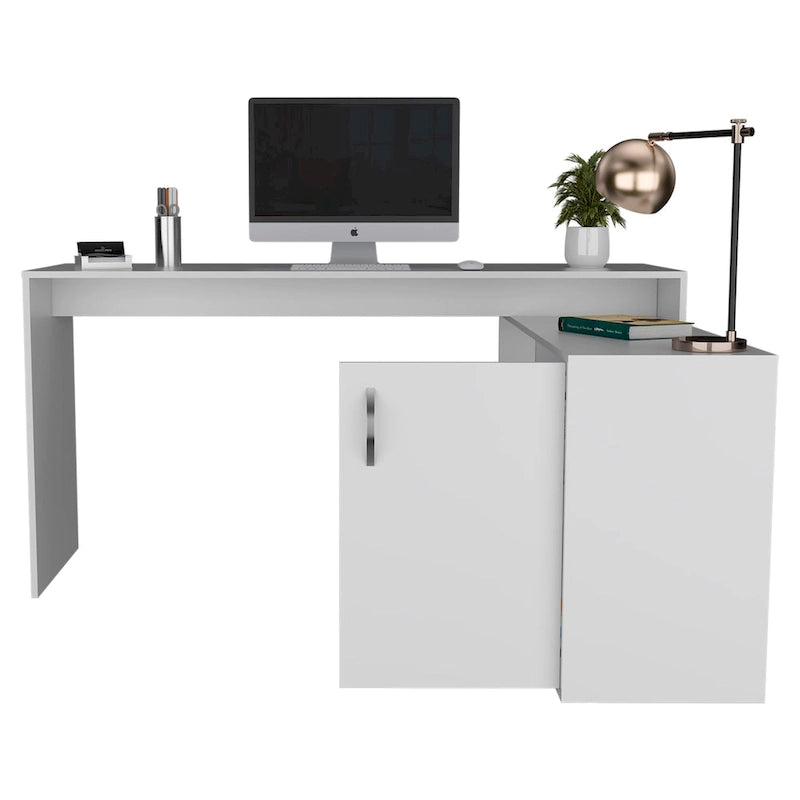 Bureau d'angle avec deux étagères et un placard à une porte