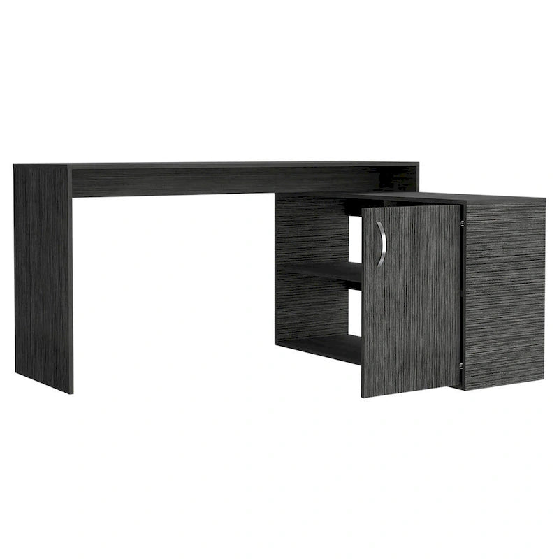 Bureau d'angle avec deux étagères et un placard à une porte