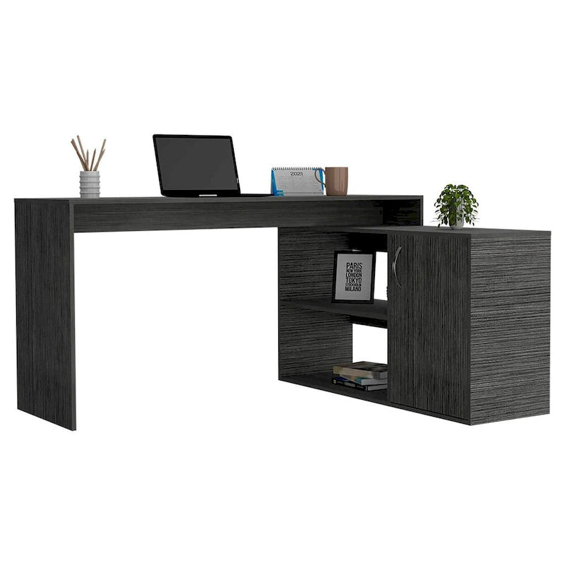 Bureau d'angle avec deux étagères et un placard à une porte