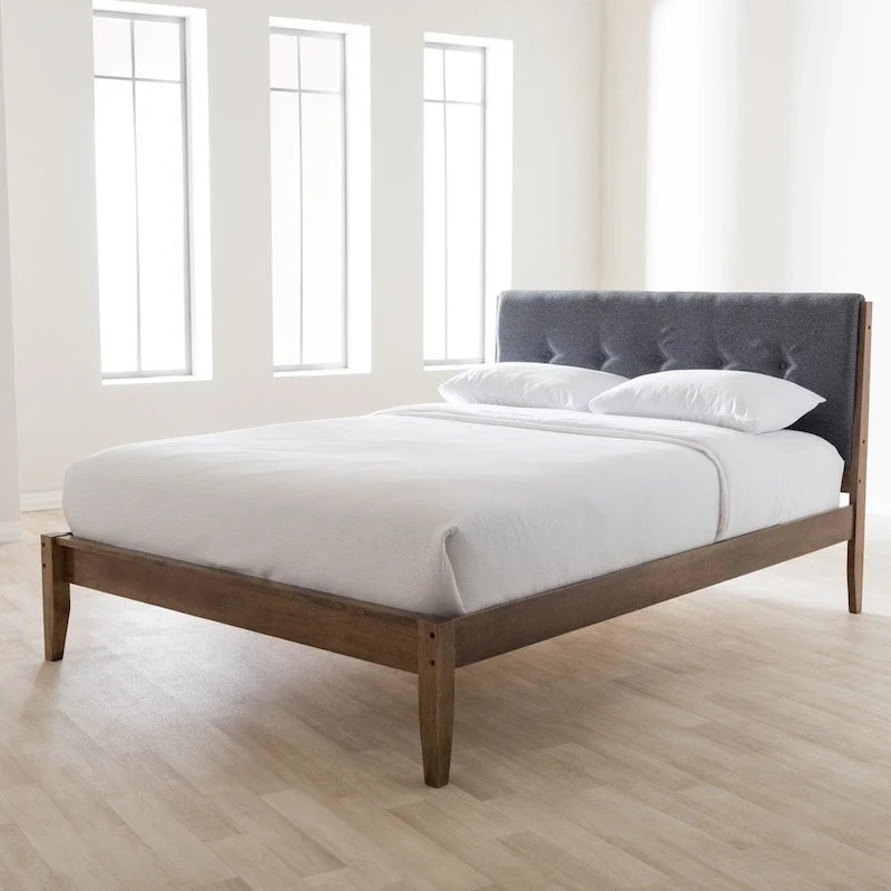 Lit plateforme en tissu et bois de style Mid-Century