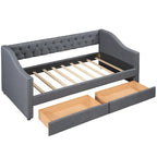 Lit de repos double rembourré avec deux tiroirs, support à lattes en bois, gris