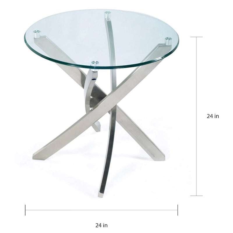 Table d'appoint ronde contemporaine en nickel brossé avec plateau en verre