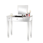 Bureau console coiffeuse à plateau relevable et 1 tiroir, finition miroir argentée