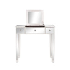 Bureau console coiffeuse à plateau relevable et 1 tiroir, finition miroir argentée