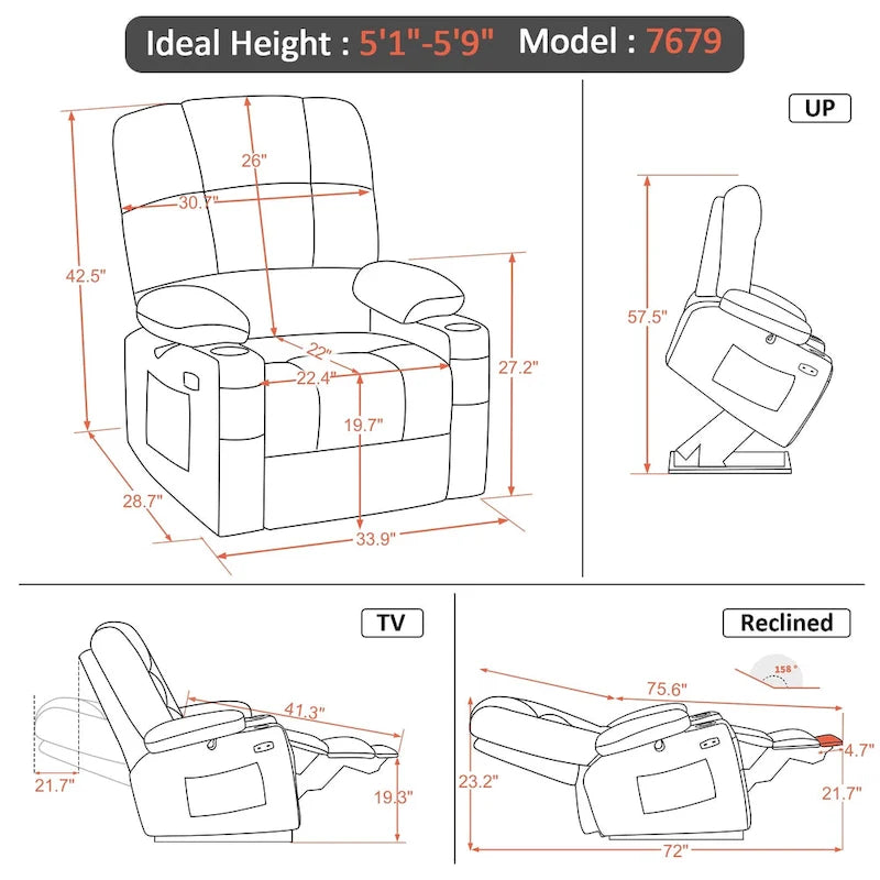 Fauteuil inclinable électrique double moteur avec massage et chauffage, en similicuir