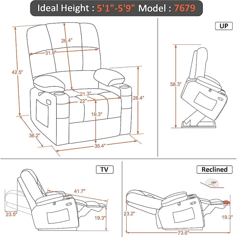 Fauteuil inclinable électrique double moteur avec massage et chauffage, en similicuir
