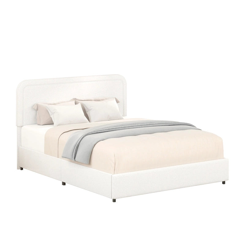 Lit plateforme rembourré en bouclette Queen Size avec tiroirs, ivoire