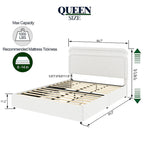 Lit plateforme rembourré en bouclette Queen Size avec tiroirs, ivoire