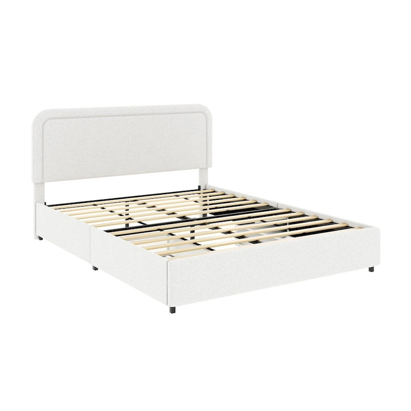 Lit plateforme rembourré en bouclette Queen Size avec tiroirs, ivoire