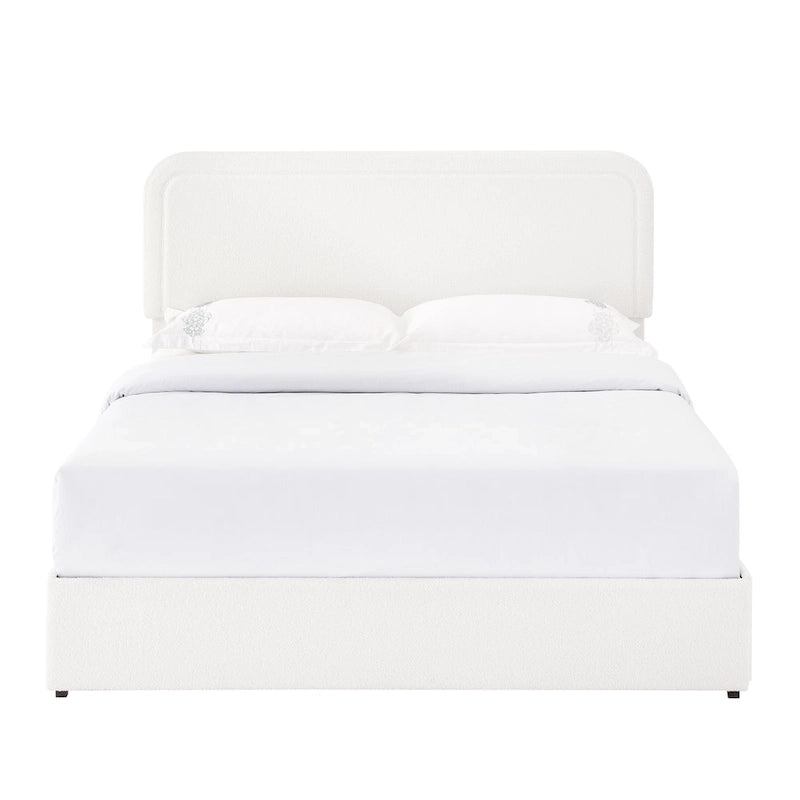 Lit plateforme rembourré en bouclette Queen Size avec tiroirs, ivoire