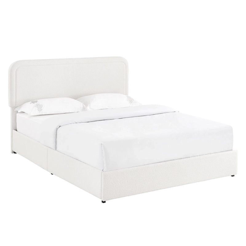 Lit plateforme rembourré en bouclette Queen Size avec tiroirs, ivoire