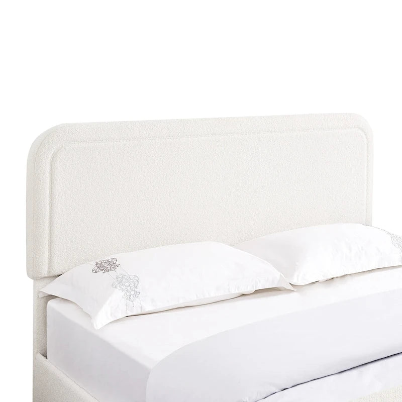 Lit plateforme rembourré en bouclette Queen Size avec tiroirs, ivoire