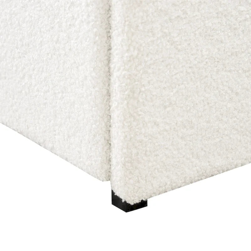Lit plateforme rembourré en bouclette Queen Size avec tiroirs, ivoire