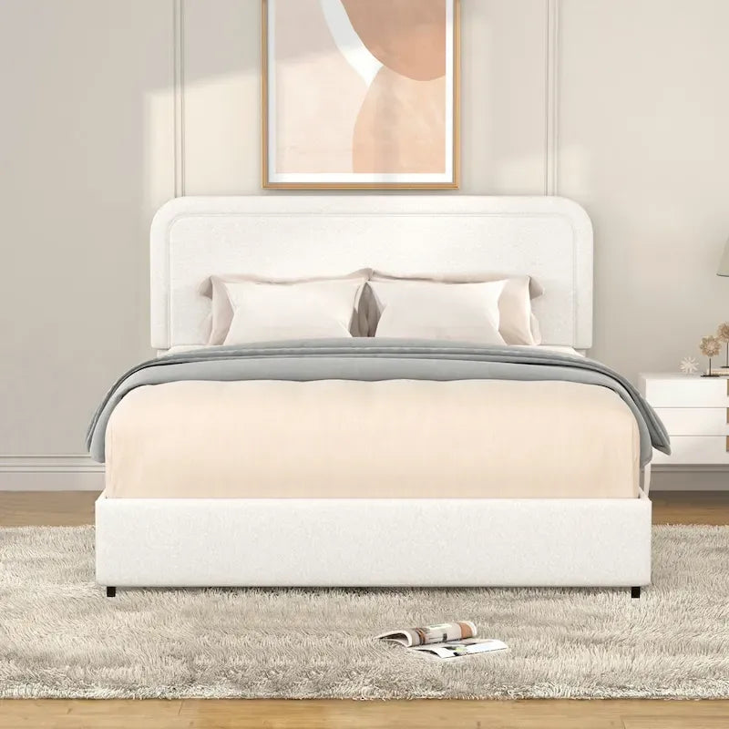 Lit plateforme rembourré en bouclette Queen Size avec tiroirs, ivoire